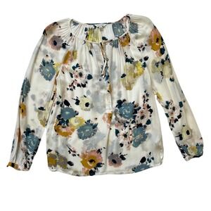 Lucky Brand Floral Peasant Blouse Top White Long Sleeve Women's S Boho
